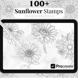 May include: A digital art image showing a tablet with over 100 sunflower stamps. The sunflowers are in black and white, with detailed petals and stems. The tablet is surrounded by a floral background and a stylus.