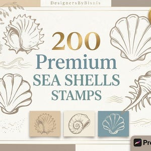 Puede incluir: Una colección digital de 200 Premium Sea Shells Stamps para Procreate. El gráfico presenta varias ilustraciones de líneas de conchas marinas, corales y patrones de olas en tonos marrones y azules, con el texto 200 Premium Sea Shells Stamps.