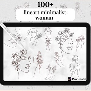 May include: A digital illustration on a tablet featuring over 100 minimalist line art drawings of women with floral accents. The drawings are in black and white, with the text "100+ lineart minimalist woman" at the top.