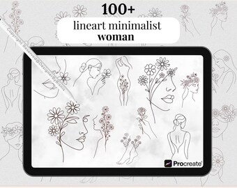 May include: A digital illustration on a tablet featuring over 100 minimalist line art drawings of women with floral accents. The drawings are in black and white, with the text "100+ lineart minimalist woman" at the top.