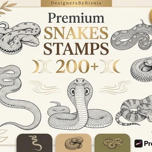 Può includere: Una collezione digitale di timbri Premium Snakes Stamps con oltre 200 illustrazioni a tratto in bianco e nero di varie specie di serpenti in diverse posizioni, tra cui un cobra, con etichette di testo e il marchio Procreate.