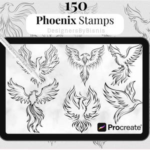 May include: A digital art image displays a tablet with six black and white phoenix stamp designs. The tablet screen shows various phoenix illustrations with outstretched wings. The text "150 Phoenix Stamps" and "DesignersByBisnis" are visible. The Procreate logo is in the bottom right corner.