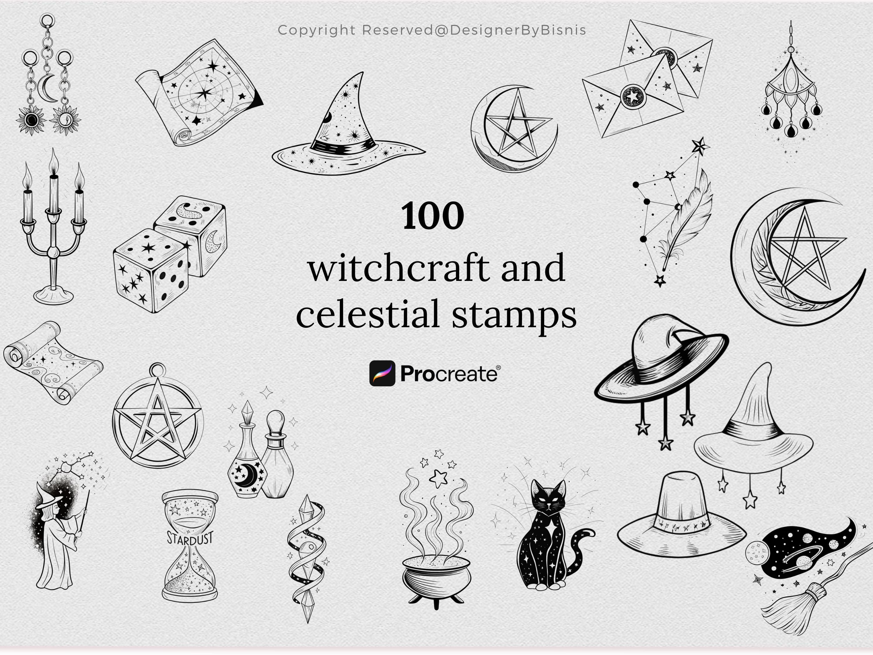 100+ Witchcraft & Celestial Procreate Stamp Brushes – Magical Symbols, Moon Phases, Crystals, Stars & Mystical Clipart