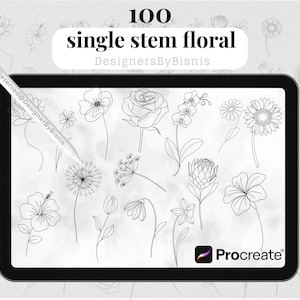 May include: A digital illustration on a tablet displays 100 single stem floral designs in black line art. The tablet is held by a stylus. The Procreate logo is visible in the bottom right corner. The text "100 single stem floral" is at the top.