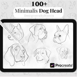 Puede incluir: Ilustración digital con dibujos lineales minimalistas de cabezas de perros. La imagen incluye el texto "100+ Minimalist Dog Head" y el logotipo de Procreate. Un lápiz óptico se muestra con el texto "Copyright Reserved @DesignerByBisnis".