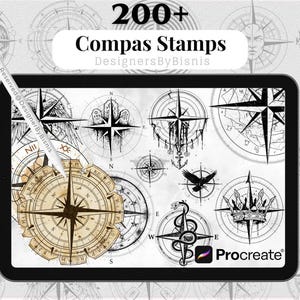 May include: A digital tablet displays various compass stamp designs. The image features a collection of compass rose illustrations in black and white, with a vintage aesthetic. Text on the tablet reads "200+ Compass Stamps" and "DesignersByBisnis."