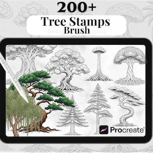 May include: A digital tablet screen displaying a collection of 200+ tree stamps brush designs for Procreate. The screen shows various black and white line art tree illustrations, with one tree partially colored in green and brown, and a stylus.