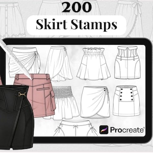 Può includere: Uno schermo di tablet digitale che mostra una collezione di 200 timbri di gonne per Procreate. Lo schermo presenta varie illustrazioni a linee bianche e nere di diversi stili di gonne, insieme a uno stilo bianco e una grafica di una gonna nera e rosa.
