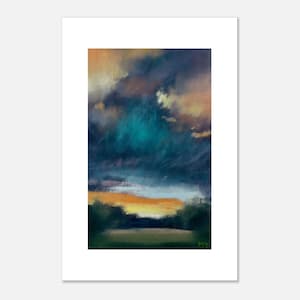 May include: A pastel painting of a landscape with a dramatic sky. The sky is a mix of blue, teal, and purple with hints of orange and yellow. The bottom of the painting shows a field of green grass and trees.
