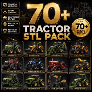 Peut inclure: Une collection numérique de plus de 70 fichiers STL de tracteurs pour l'impression 3D, comprenant divers modèles tels que des tracteurs agricoles, chargeurs, pelleteuses, utilitaires, modernes, anciens, télescopiques, chenillés et compacts.