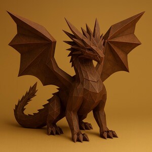May include: A brown, geometric paper dragon sculpture with outstretched wings and a spiky crest. The dragon is posed on all fours, with detailed polygonal facets creating a textured appearance. The background is a solid, warm yellow.