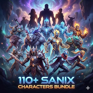 May include: A digital art image featuring a collection of fantasy characters with various designs and colors. The image includes the text "110+ SANIX CHARACTERS BUNDLE" in yellow and orange. The characters are set against a backdrop of floating islands and a swirling, colorful sky.