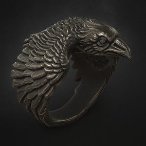 May include: A detailed, dark silver ring shaped like a raven's head. The bird's head is sculpted with intricate feather details, and the beak is slightly open. The ring has a smooth, rounded band.