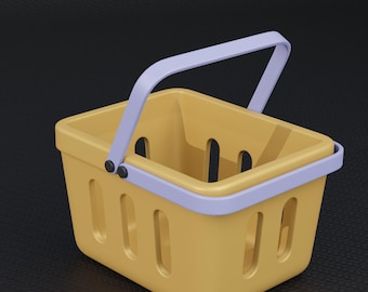 May include: A yellow shopping basket with a light purple handle and rim. The basket has a rectangular shape with oval cutouts on the sides. The handle is arched and attached to the basket with small black rivets.