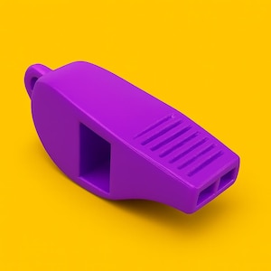 May include: A solid purple whistle with a rectangular opening and a small loop at one end. The whistle has a series of parallel lines on the top and two openings at the blowing end. The background is a bright yellow.