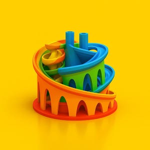 Puede incluir: Un colorido circuito de canicas de juguete con un diseño en espiral. El juguete presenta una variedad de colores, incluyendo rojo, naranja, amarillo, verde y azul. La estructura tiene arcos y dos cilindros azules en la parte superior.