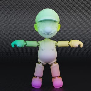 May include: A gradient-colored articulated figure of a cartoon character, featuring a green cap, mustache, and overalls. The figure's limbs are poseable, with a color scheme transitioning from green to pink.