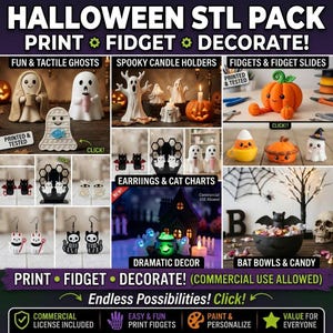 May include: A digital collage showcasing a Halloween STL pack featuring 3D printable designs including ghost figures, pumpkin fidgets, candle holders, cat-themed earrings, and bat-shaped bowls. The image includes text labels like HALLOWEEN STL PACK.