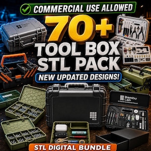 May include: A digital collection of 70+ tool box STL files for 3D printing, featuring various hard-shell cases, organizer boxes with internal compartments, and maintenance tool kits with assorted screwdrivers, pliers, and hardware components.