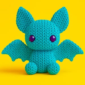 Puede incluir: Un murciélago tejido de color turquesa con orejas grandes, alas y ojos morados. El murciélago está sentado sobre un fondo amarillo brillante. La textura tejida es visible en todo el cuerpo del murciélago, incluidas las alas y las orejas.