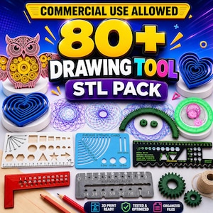 May include: A collection of 3D printed drawing tools including an owl stencil, heart-shaped templates, geometric rulers, a radius stencil card, a marking gauge with imperial measurements, and various gears, all presented as a digital STL pack.
