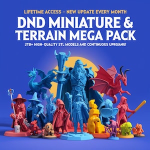 Może przedstawiać: Kolekcja kolorowych modeli miniatur i terenu DND, w tym smoki, czarodzieje i wojownicy. Obraz zawiera tekst "DND MINIATURE & TERRAIN MEGA PACK" i "LIFETIME ACCESS - NEW UPDATE EVERY MONTH". Modele są w różnych kolorach, w tym niebieskim, czerwonym i żółtym.