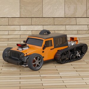May include: An orange and black custom-built toy car with a unique design. The front has large wheels, while the rear features tank treads. A spare tire is mounted on the roof. The car has a black roof and a hood with a red engine.