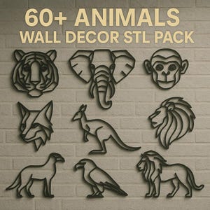 Könnte beinhalten: Schwarzes Tier-Wanddekorationspaket mit Tiger, Elefant, Affe, Fuchs, Känguru, Löwe und Vogel. Der Text lautet "60+ ANIMALS WALL DECOR STL PACK". Die Dekoration ist an einer hellen Backsteinmauer angebracht.