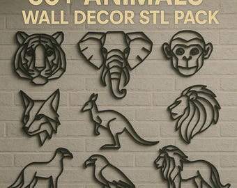 May include: Black animal wall decor pack with a tiger, elephant, monkey, fox, kangaroo, lion, bird, and another lion. The text reads "60+ ANIMALS WALL DECOR STL PACK". The decor is mounted on a light brick wall.