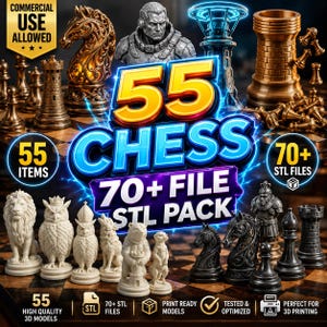 May include: A digital collection of 55 chess pieces and 70+ STL files for 3D printing, featuring various ornate designs including a lion, owl, knight, and rook in gold, black, and white tones, with text overlays stating 55 CHESS 70+ FILE STL PACK.