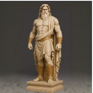 May include: A detailed statue of a muscular, bearded figure, possibly a deity, in a standing pose. The figure is draped in flowing fabric and has gold accents on the belt, armbands, and leg armour. The statue is on a square base.