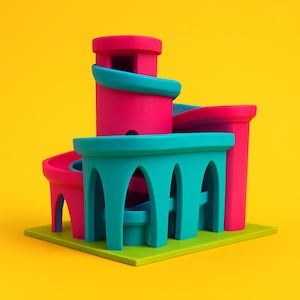 May include: A vibrant, abstract architectural model in pink, teal, and green. The structure features curved elements, arches, and a spiral design, set against a bright yellow background. The model sits on a green base.