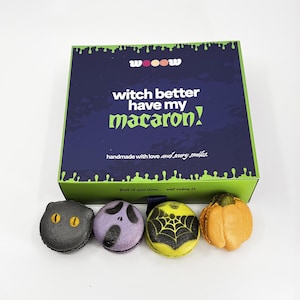 Halloween Macarons Gift Box – Limited Edition Gourmet French Cookies Spooky Shapes & Flavors – Pumpkin, Black Cat, Scream, Spider Web Treats