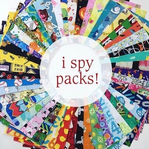 I Spy Novelty Boy Prints 50pc. White Background Prints Fussy Cut Charm Pack  100% Cotton Quilting Fabric Squares 