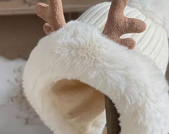 Fleece-Lined Faux-Fur Hat with Antlers, and Pom-Pom
