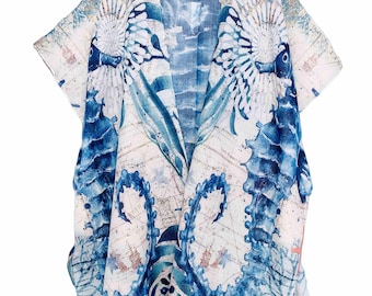 Ocean Seshorse Kimono Cover Up –Lightweight Semi-Sheer Beach Wrap, Ocean-Inspired Knee Length Summer Kimono