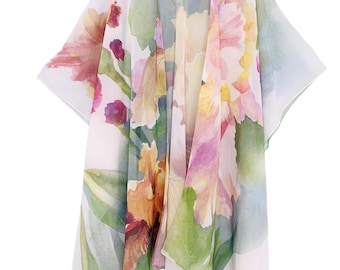 Watercolor Orchid Kimono: Plus Size Lightweight Floral Cover-Up