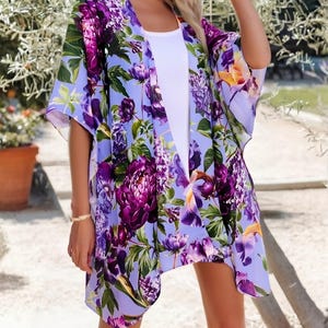 Lightweight Purple Peony & Iris Kimono/Cover-Up