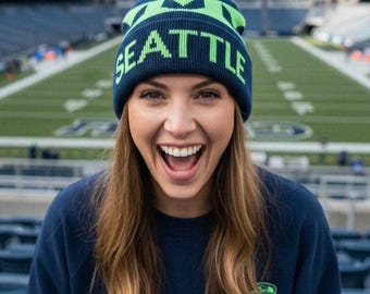 Seattle Seahawks Inspired Knit Beanie – Navy & Neon Green Lightweight Hat, Game Day Fan Beanie, Fall Sports Knit Hat Cap