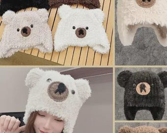 Lace-up Bear Hat | Knitted Fuzzy Earflap Beanie | Cute  display picture 3