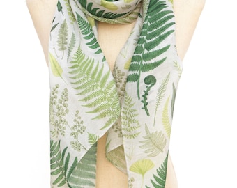 Bufanda chal con estampado de helechos botánicos en blanco y verde