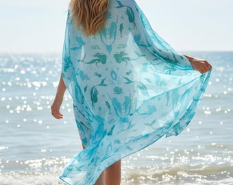 Bufanda chal ligera LuckyShe Signature con diseño de sirena color aguamarina