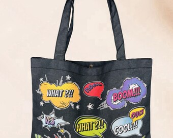 Black-Multi Comic Words Tote Bag – Pop Art Style