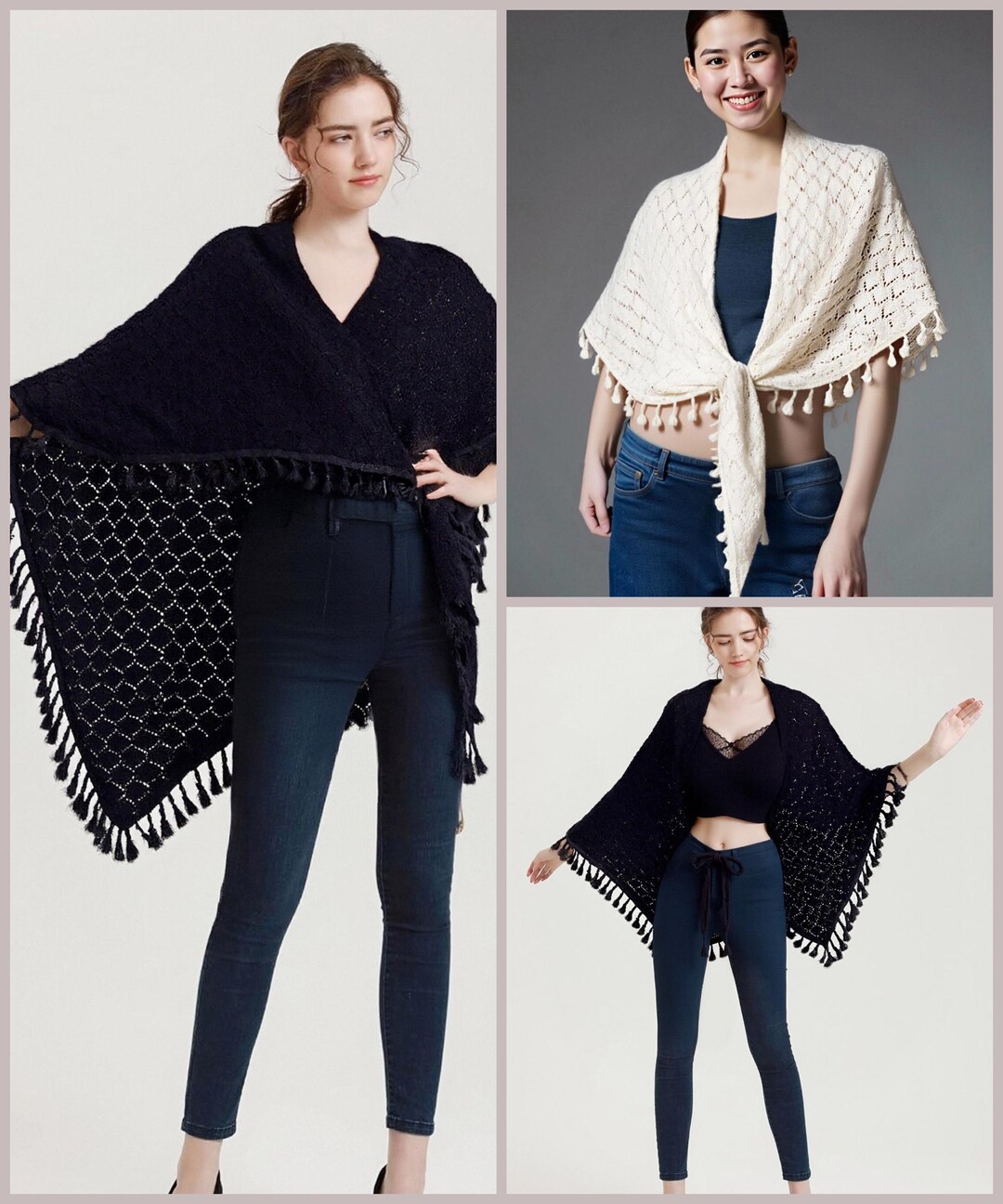 Open-knit Large Triangle Wrap Shawl Scarf With Handmade Tassels – Soft ...