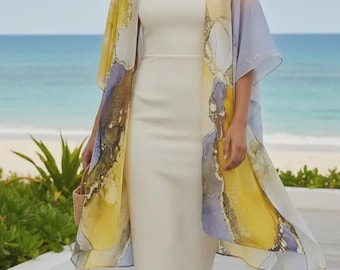 Yellow-L. Lavender Open Front Abstract Marble Kimono Cover-Up