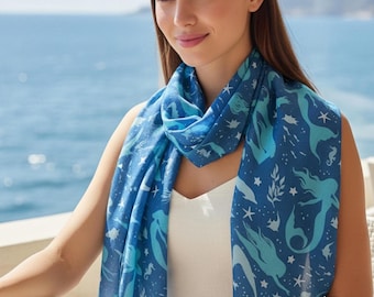 Bufanda chal ligera LuckyShe Signature con diseño de sirena azul