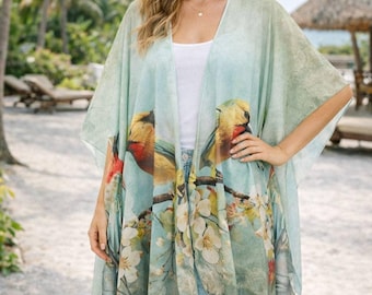 Aqua-Multi Blooms & Birds Kimono Cover-Up/Plus Size Designer Lightweight Resort Cover Up | Beach Kimono | Relaxed Loungewear