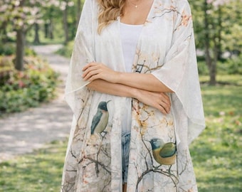 L. Gray-Multi Whispers of Blooms & Birds Kimono Cover-Up/Plus Size Designer Lightweight Resort Cover Up | Beach Kimono | Relaxed Loungewear