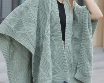 Fish Pattern Knitted Ruana Cape Shawl, Open-Underarm Design Wrap, Multi-Way Wear Knit Poncho, Soft Cozy Boho Cover Up, Unique Designer Cape