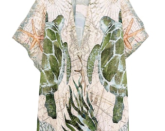 Sea Turtle Open-Front Kimono Cover Up – Lightweight Flowing Beach Wrap, Ocean-Inspired Knee Length and Semi-Sheer Summer Kimono